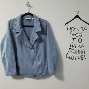Fantastic Isaac Mizrahi storm blue moto jacket, 1X